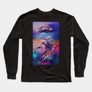 Summer Sea Sparkle Waves Watercolor Dolphin Art Long Sleeve T-Shirt